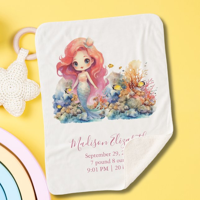 Personalize Mermaid Baby Shower Baby Girl Gift Sherpa Blanket (Mermaid Sea Life Baby Blanket with Birth Stats for Baby Girl. Great Baby shower or new baby gift)