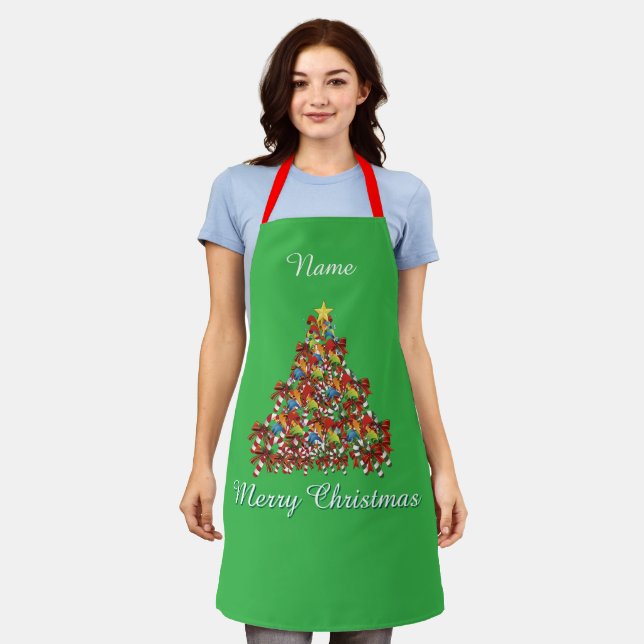 Personalize Merry Christmas Brt Green Holiday  Apron (Worn)