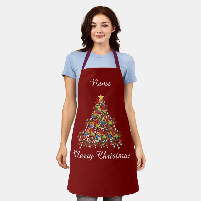 Personalize Merry Christmas Dk Red Holiday  Apron (Worn)