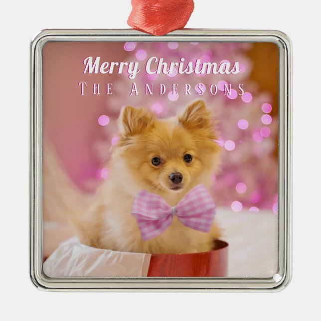 Personalize Merry Christmas & Name, Cute Dog/Tree Metal Ornament (Front)