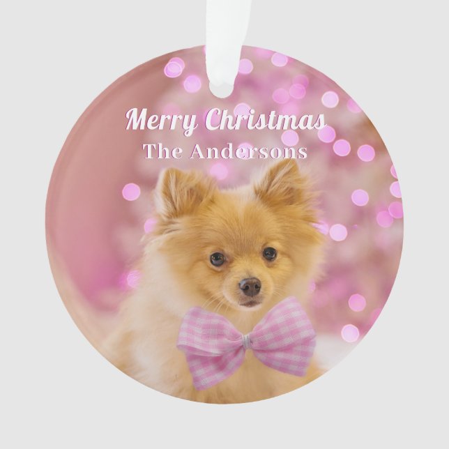 Personalize Merry Christmas & Name, Cute Dog/Tree Ornament (Front)