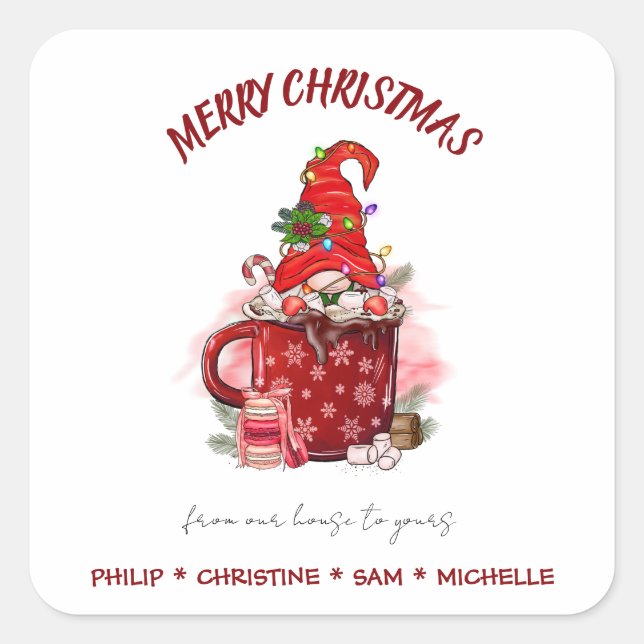 Personalize Merry Christmas Santa Gnome Square Sticker (Front)