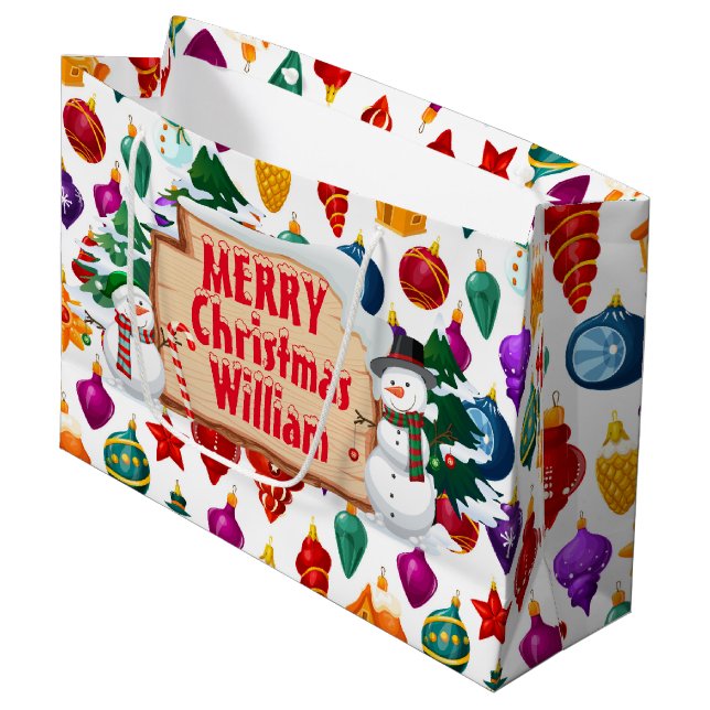 Personalize Merry Christmas Snowmen Large Gift Bag (Front Angled)