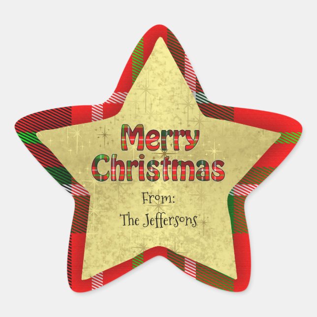 Personalize Merry Christmas Typography Tartan Star Star Sticker (Front)
