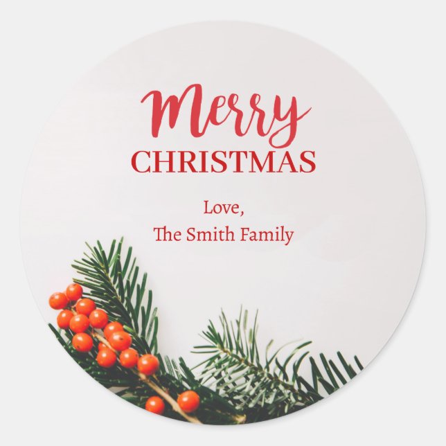 Personalize Merry Christmas Wreath Stripe Classic Round Sticker (Front)