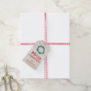 Personalize Merry Christmas Wreath Stripe Gift Tags