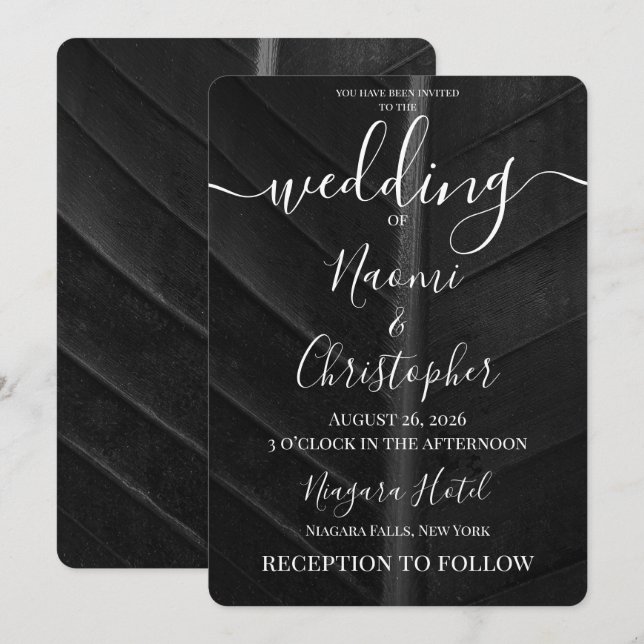 Personalize: Minimal Black Leaf Texture Wedding Invitation (Front/Back)