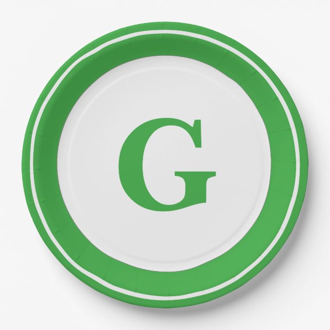 Personalize: Minimalist Circle Bold Green Initial Paper Plates (Front)