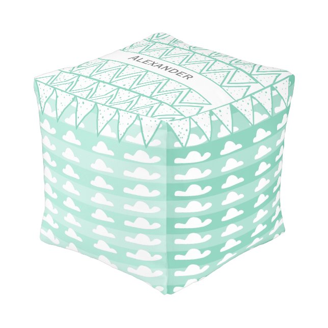 Personalize Mint Cloud Vintage Modern Pattern Pouf (Angled Front)