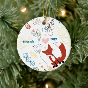 Personalize Modern Fox Woodland Pattern Ceramic Ornament