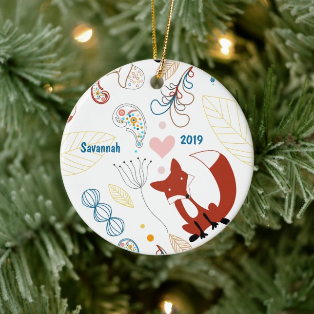 Personalize Modern Fox  Woodland Pattern Ceramic Ornament (Tree)
