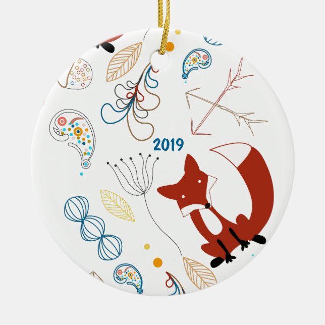 Personalize Modern Fox  Woodland Pattern Ceramic Ornament (Front)