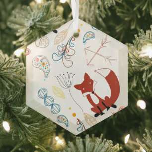 Personalize Modern Fox Woodland Pattern Glass Ornament