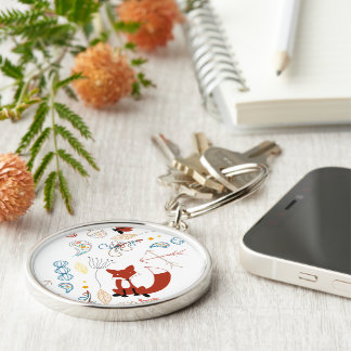 Personalize Modern Fox Woodland Pattern Keychain