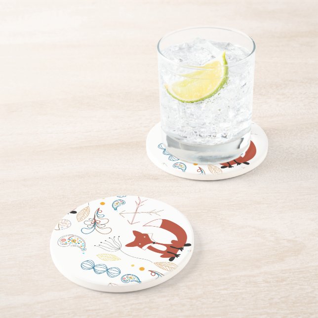 Personalize Modern Fox  Woodland Pattern Sandstone Coaster (Side)