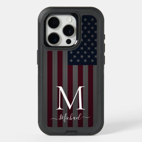 Personalize Monogram American Flag Metallic Mesh iPhone 15 Pro Case
