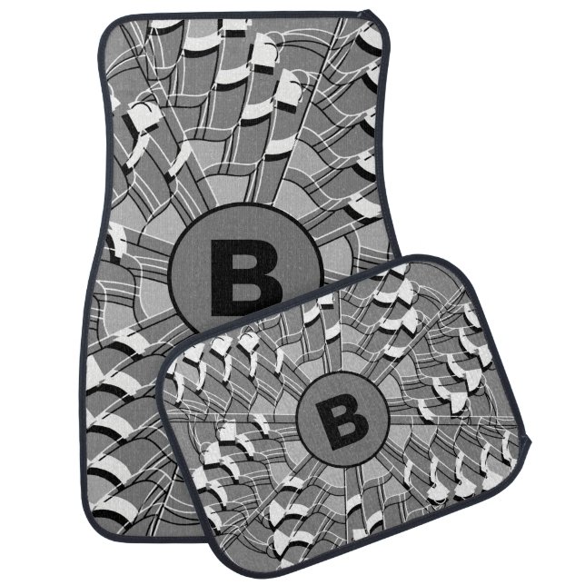 Personalize Monogram Black & Gray Geometric Design Car Floor Mat (Set)