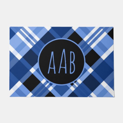Personalize Monogram Blue Plaid Classic Welcome Doormat