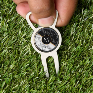 Personalize Monogram Divot Tool Black White Marble