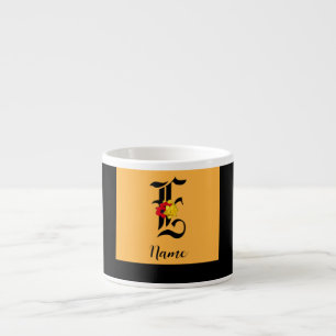 Personalize Monogram E Floral Black Orange Espresso Cup