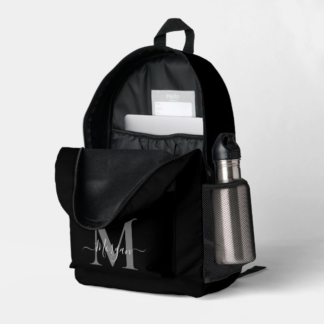 Personalize Monogram Initial Name Black Printed Backpack (Back Corner Right (Open))