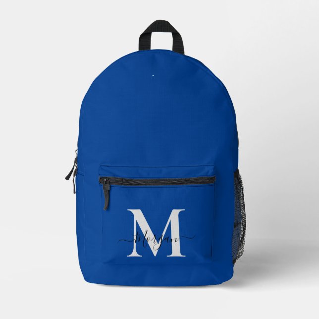 Personalize Monogram Initial Name Deep Blue Printed Backpack (Front)