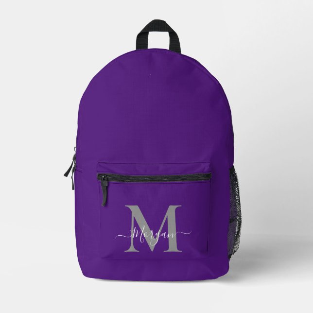 Personalize Monogram Initial Name Royal Purple Printed Backpack (Front)