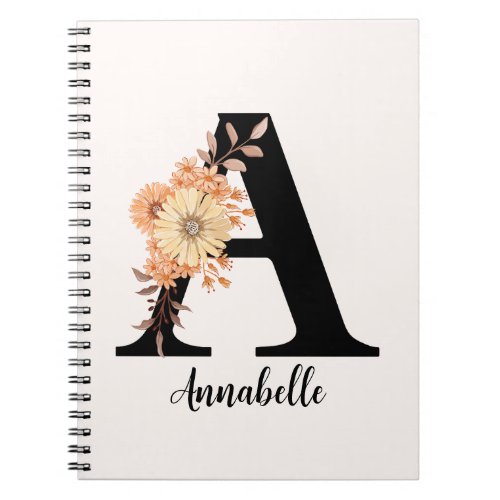 Personalize Monogram Letter A Beige Flowers Notebook