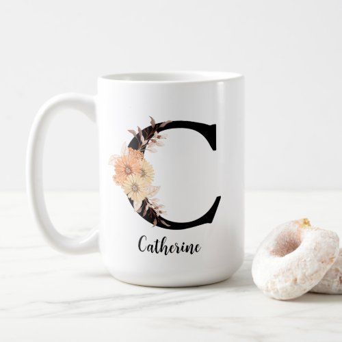 Personalize Monogram Letter C Beige Flowers  Coffee Mug