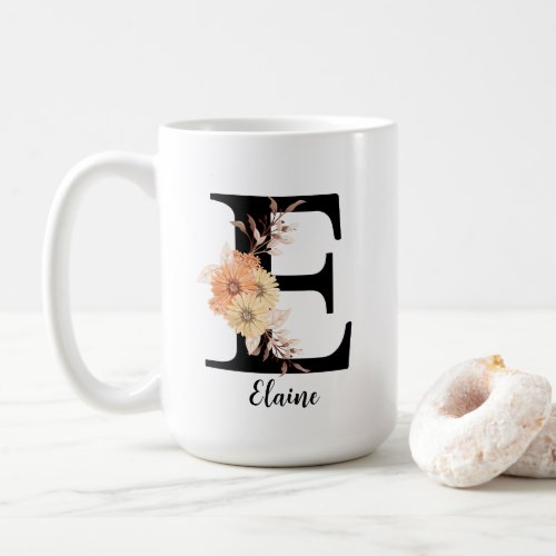 Personalize Monogram Letter E Beige Flowers Coffee Mug