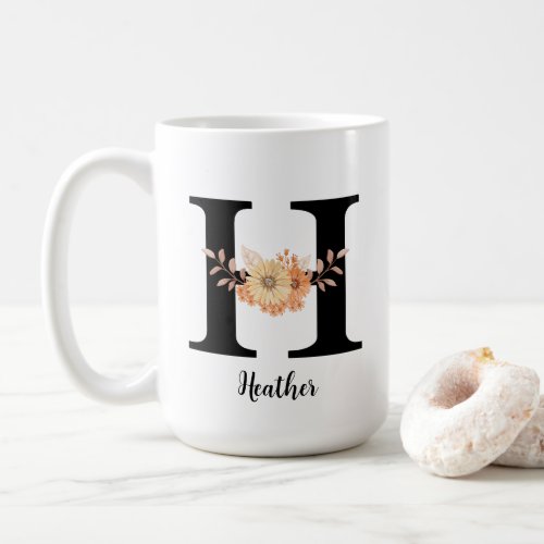 Personalize Monogram Letter H Beige Flowers Coffee Mug