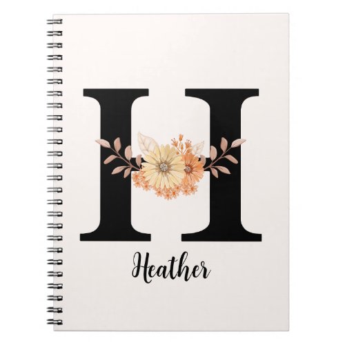 Personalize Monogram Letter H Beige Flowers Notebook