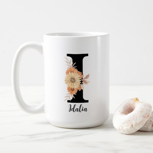 Personalize Monogram Letter I Beige Flowers Coffee Mug