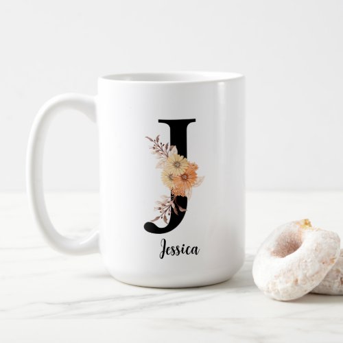 Personalize Monogram Letter J Beige Flowers Coffee Mug