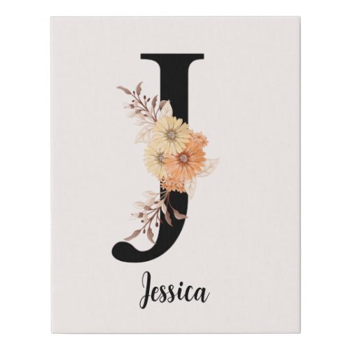Personalize Monogram Letter J Beige Flowers Faux Canvas Print