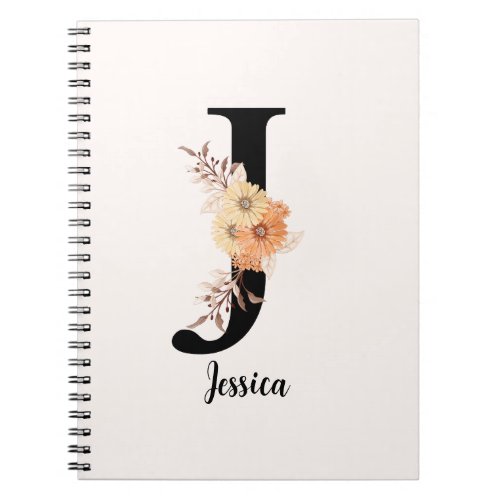 Personalize Monogram Letter J Beige Flowers Notebook