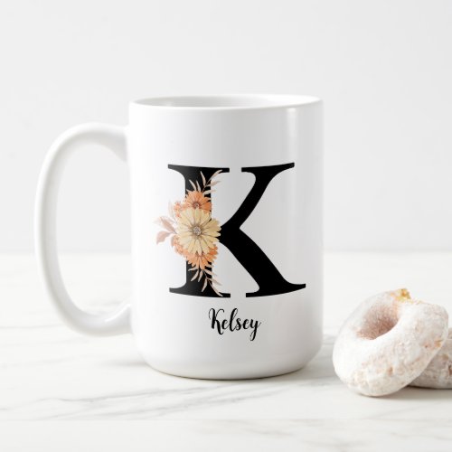 Personalize Monogram Letter K Beige Flowers Coffee Mug