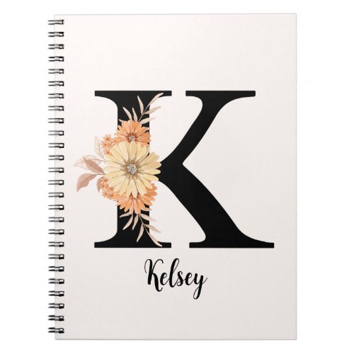 Personalize Monogram Letter K Beige Flowers Notebook