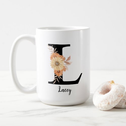 Personalize Monogram Letter L Beige Flowers Coffee Mug