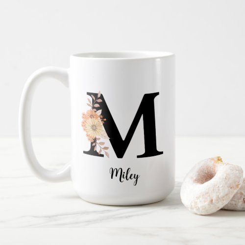 Personalize Monogram Letter M Beige Flowers Coffee Mug