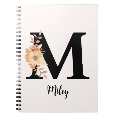 Personalize Monogram Letter M Beige Flowers Notebook