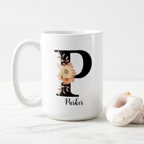 Personalize Monogram Letter P Beige Flowers Coffee Mug