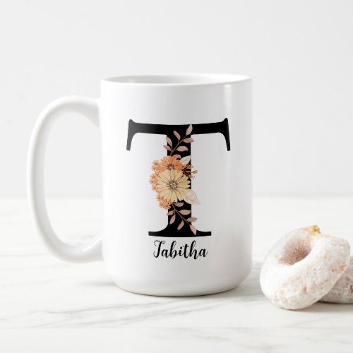 Personalize Monogram Letter T Beige Flowers Coffee Mug