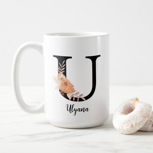 Personalize Monogram Letter U Beige Flowers Coffee Mug