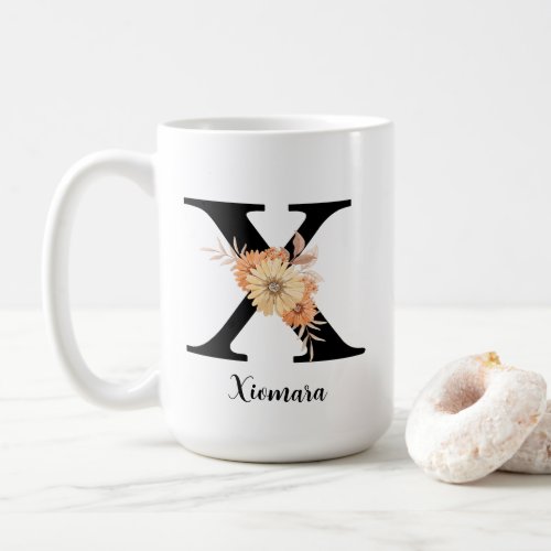 Personalize Monogram Letter X Beige Flowers Coffee Mug