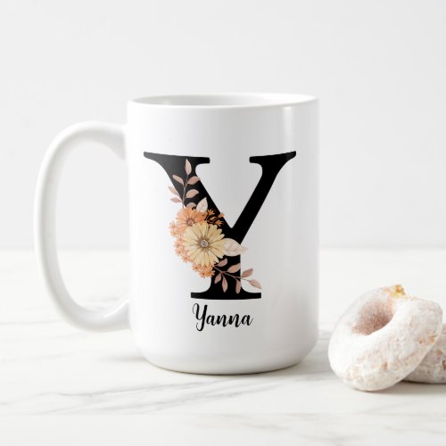 Personalize Monogram Letter Y Beige Flowers Coffee Mug