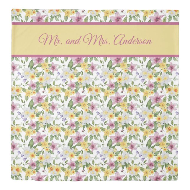 Personalize Monogram Purple Yellow White Floral  Duvet Cover (Front)
