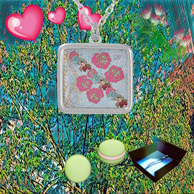 Personalize Monogram Romantic Pink Roses Floral  Silver Plated Necklace (Personalize Monogram Romantic Pink Roses Floral Silver Plated Necklace)