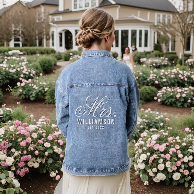 Personalize Mrs. Name Elegant Script Bride-To-Be   Denim Jacket (Wedding Back)