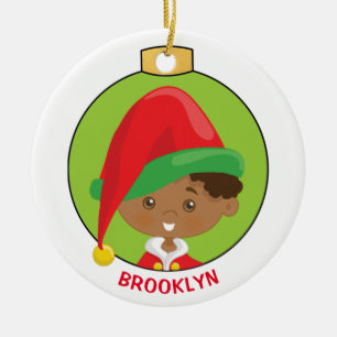 Personalize Multicultural Boy Elf Ceramic Ornament